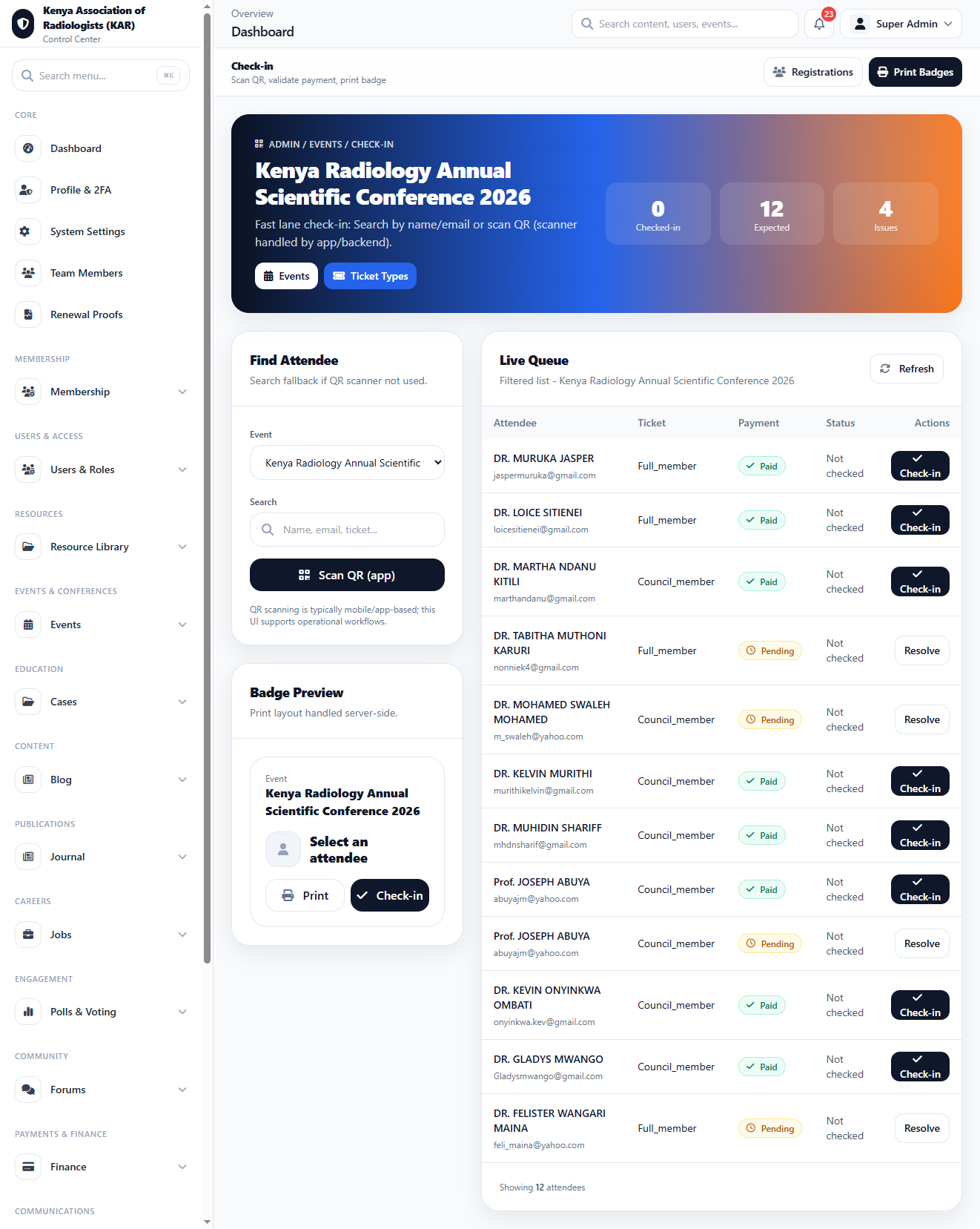 Event Create Event Checkins interface